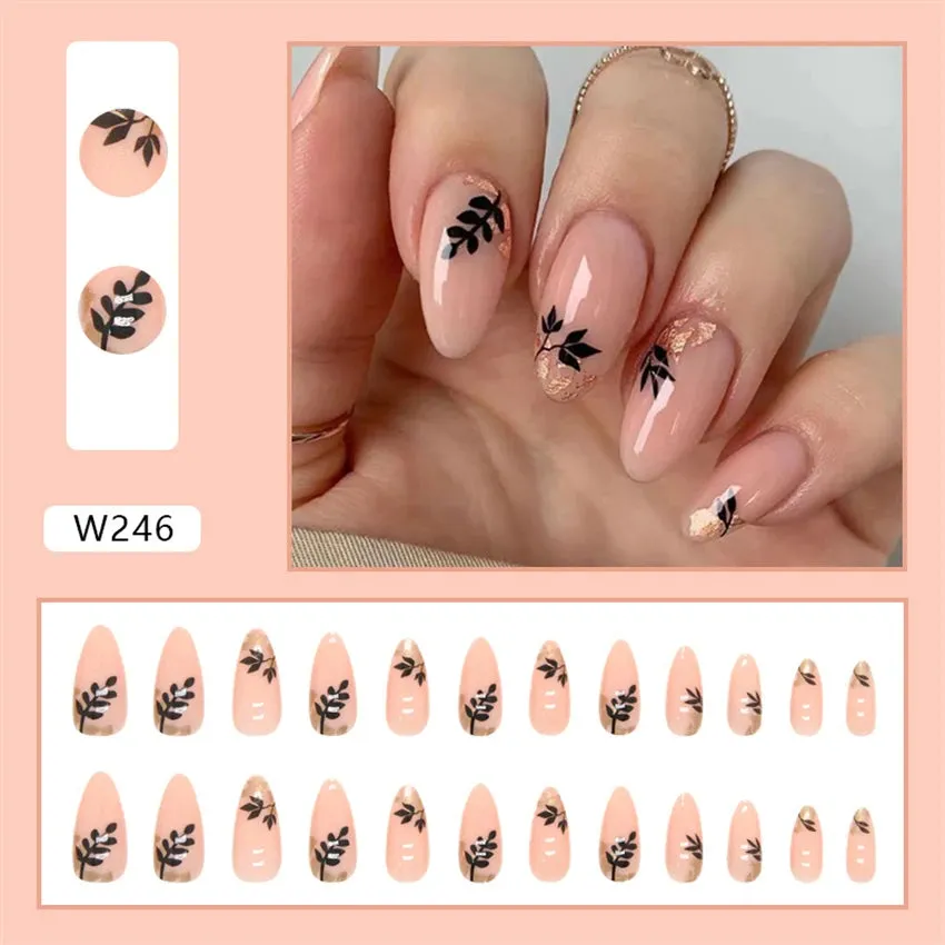 24pcs/Box Ballerina Nail Tip Purple with Design Manicure Patches Fresh Floral Almond False Nails Press on Med Nails Detachable