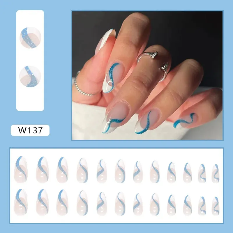 24pcs/Box Ballerina Nail Tip Purple with Design Manicure Patches Fresh Floral Almond False Nails Press on Med Nails Detachable