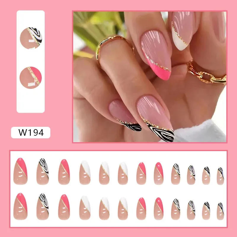24pcs/Box Ballerina Nail Tip Purple with Design Manicure Patches Fresh Floral Almond False Nails Press on Med Nails Detachable
