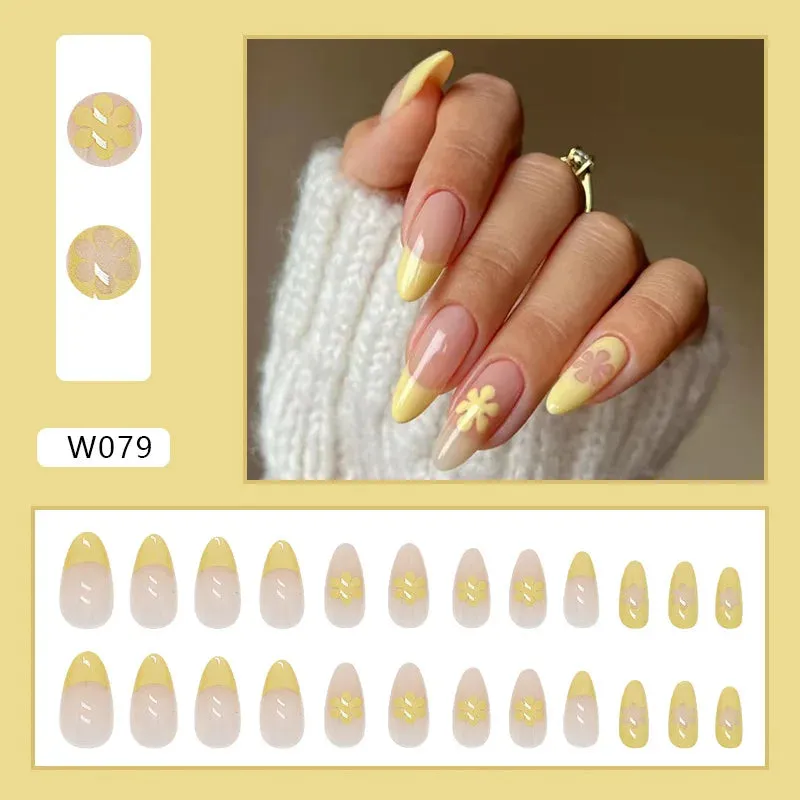 24pcs/Box Ballerina Nail Tip Purple with Design Manicure Patches Fresh Floral Almond False Nails Press on Med Nails Detachable