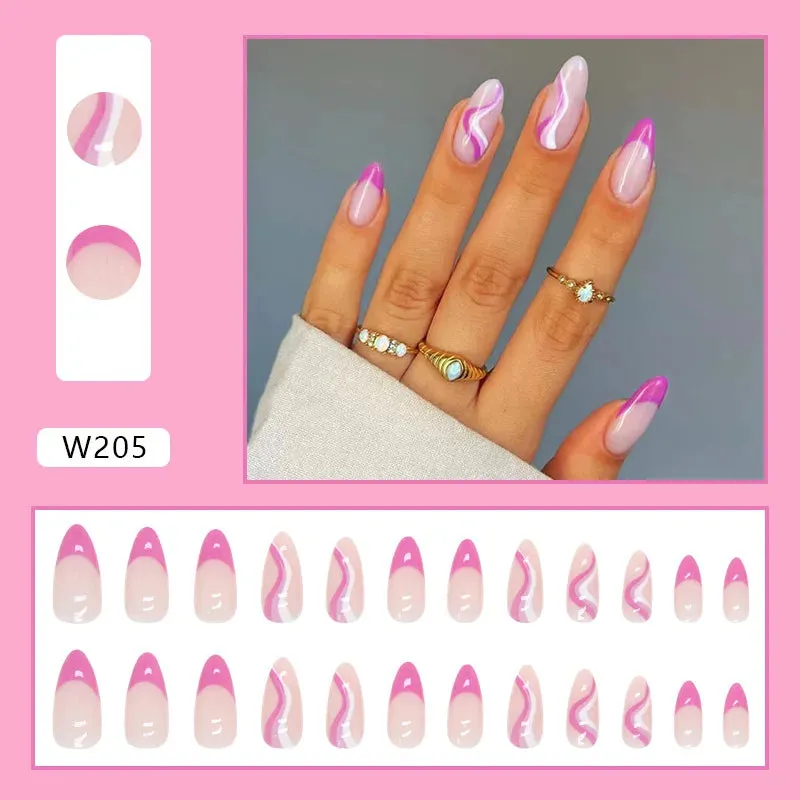 24pcs/Box Ballerina Nail Tip Purple with Design Manicure Patches Fresh Floral Almond False Nails Press on Med Nails Detachable