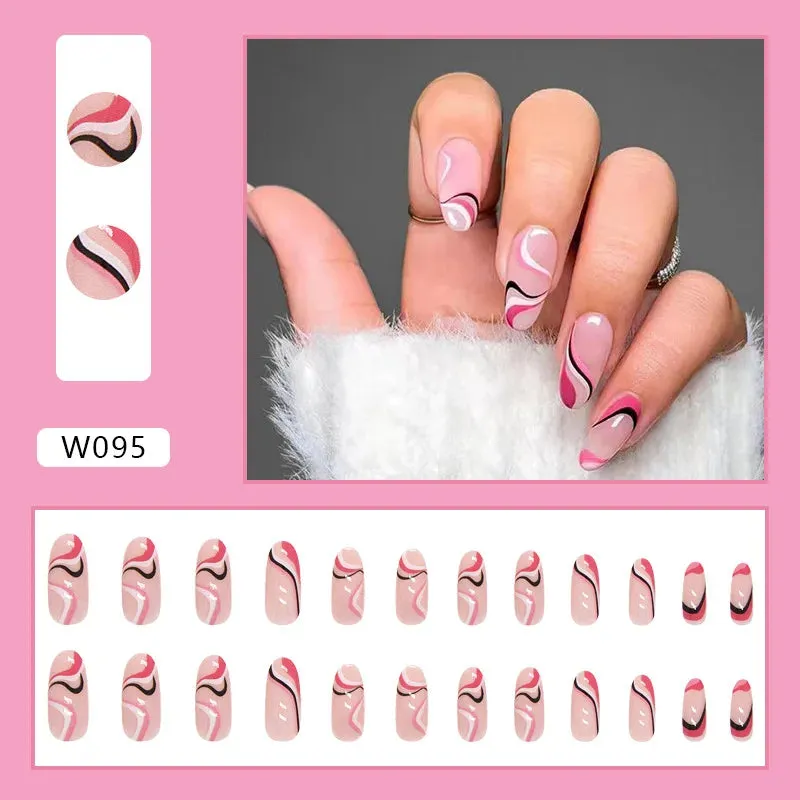 24pcs/Box Ballerina Nail Tip Purple with Design Manicure Patches Fresh Floral Almond False Nails Press on Med Nails Detachable
