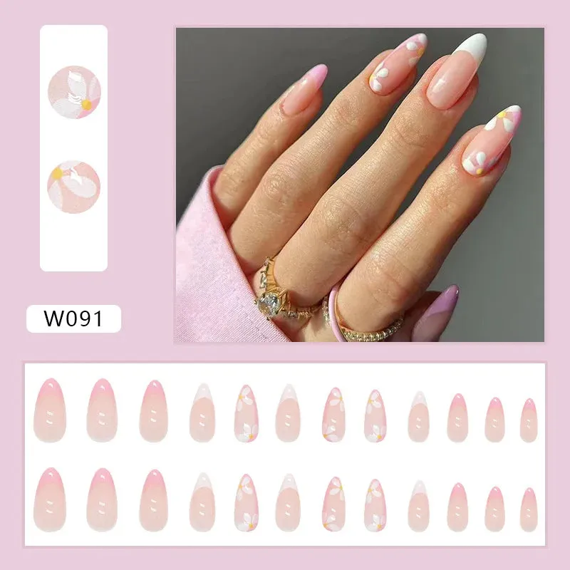 24pcs/Box Ballerina Nail Tip Purple with Design Manicure Patches Fresh Floral Almond False Nails Press on Med Nails Detachable