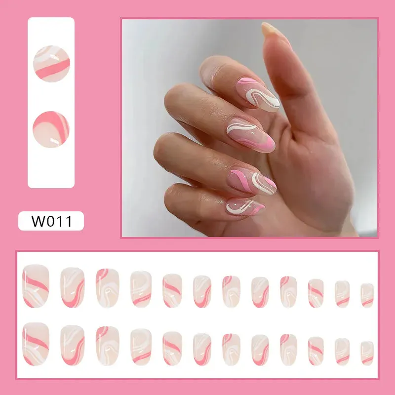 24pcs/Box Ballerina Nail Tip Purple with Design Manicure Patches Fresh Floral Almond False Nails Press on Med Nails Detachable