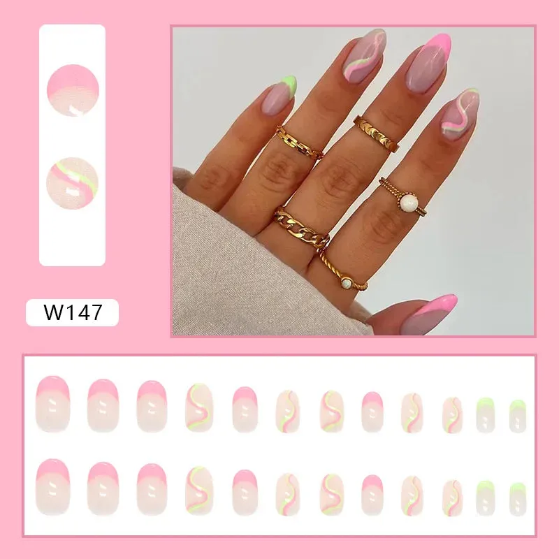 24pcs/Box Ballerina Nail Tip Purple with Design Manicure Patches Fresh Floral Almond False Nails Press on Med Nails Detachable