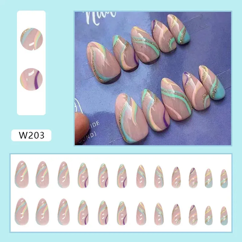 24pcs/Box Ballerina Nail Tip Purple with Design Manicure Patches Fresh Floral Almond False Nails Press on Med Nails Detachable