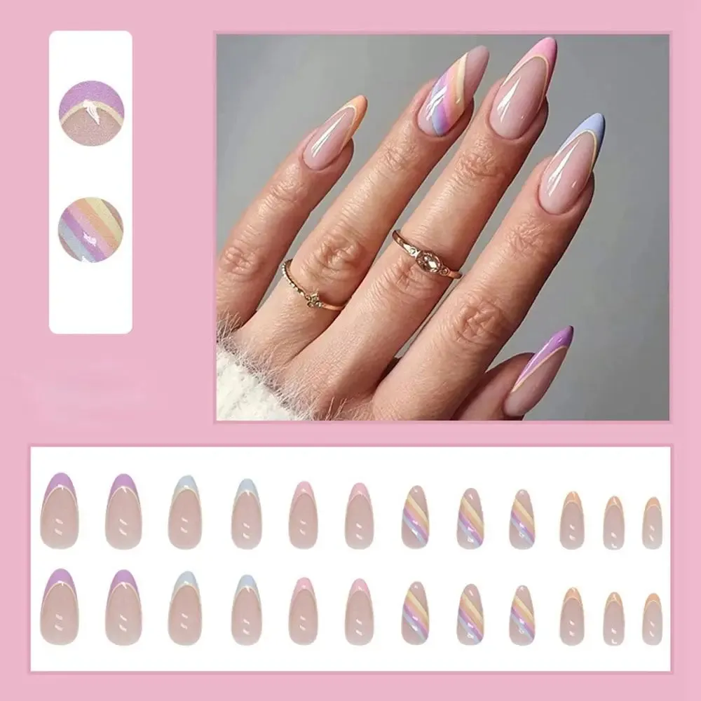 24pcs/Box Ballerina Nail Tip Purple with Design Manicure Patches Fresh Floral Almond False Nails Press on Med Nails Detachable
