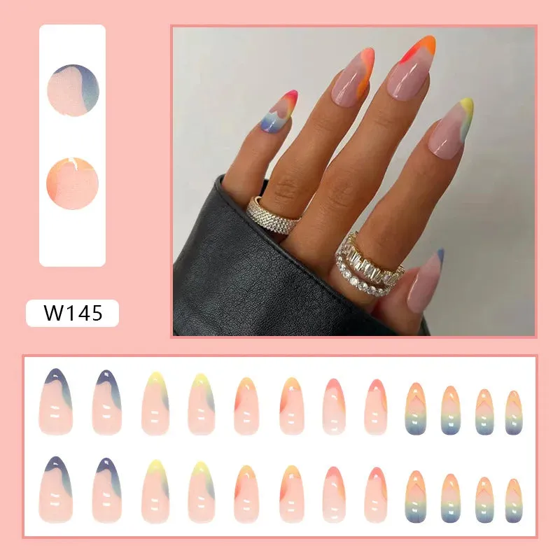 24pcs/Box Ballerina Nail Tip Purple with Design Manicure Patches Fresh Floral Almond False Nails Press on Med Nails Detachable