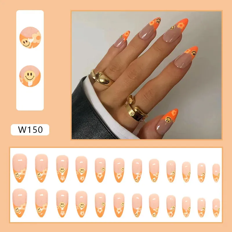 24pcs/Box Ballerina Nail Tip Purple with Design Manicure Patches Fresh Floral Almond False Nails Press on Med Nails Detachable