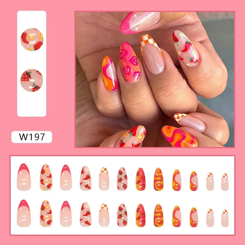 24pcs/Box Ballerina Nail Tip Purple with Design Manicure Patches Fresh Floral Almond False Nails Press on Med Nails Detachable