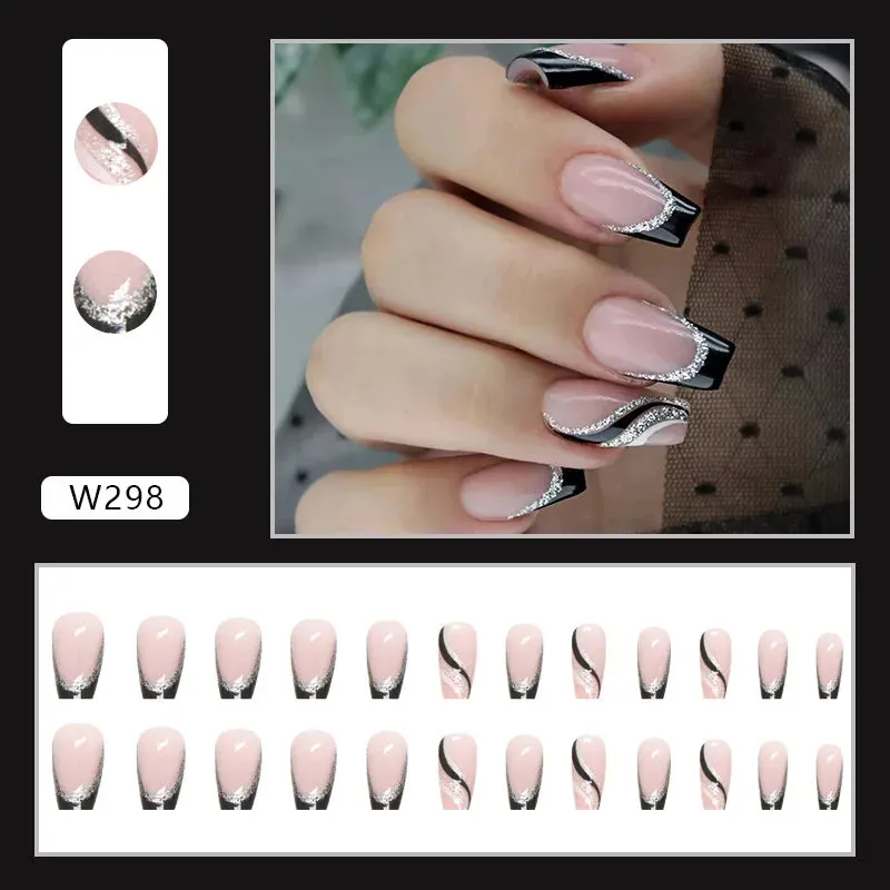 24pcs/Box Ballerina Nail Tip Purple with Design Manicure Patches Fresh Floral Almond False Nails Press on Med Nails Detachable