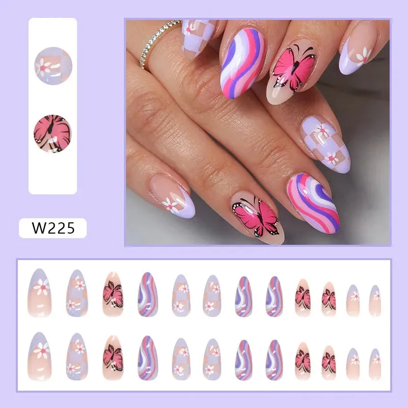 24pcs/Box Ballerina Nail Tip Purple with Design Manicure Patches Fresh Floral Almond False Nails Press on Med Nails Detachable