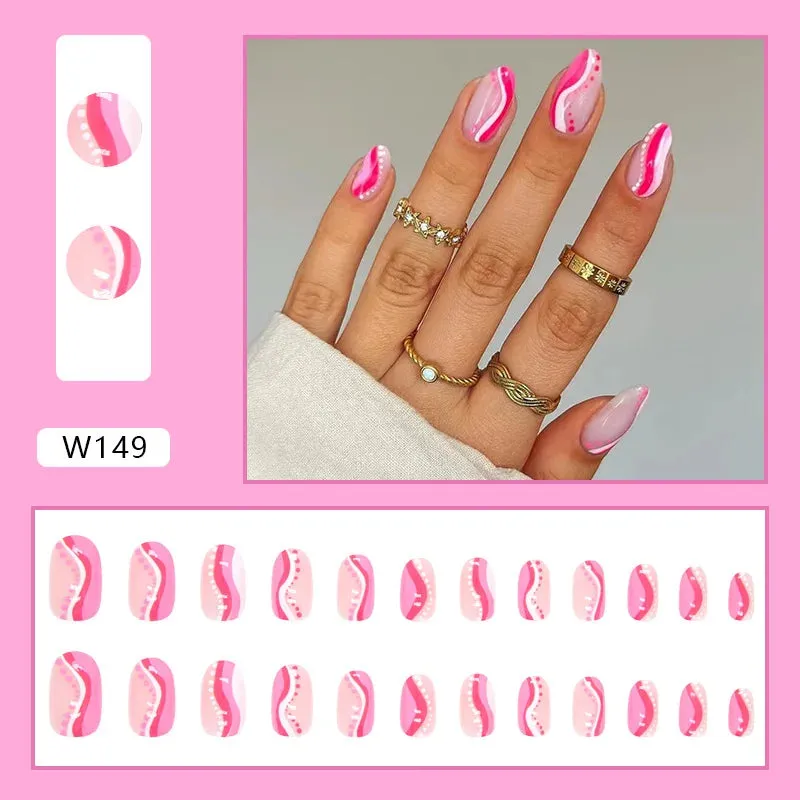 24pcs/Box Ballerina Nail Tip Purple with Design Manicure Patches Fresh Floral Almond False Nails Press on Med Nails Detachable