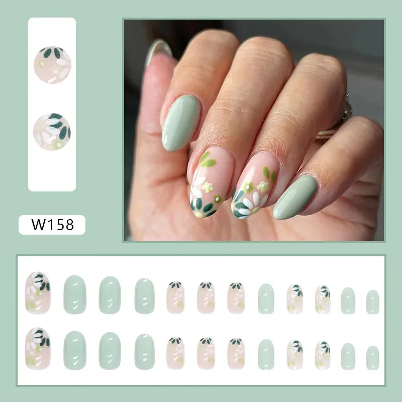 24pcs/Box Ballerina Nail Tip Purple with Design Manicure Patches Fresh Floral Almond False Nails Press on Med Nails Detachable