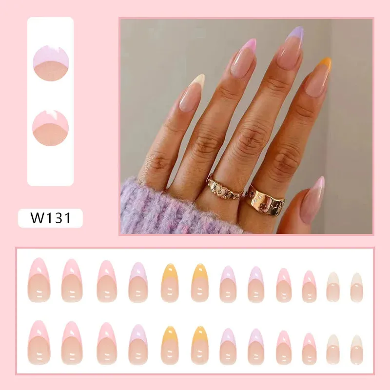 24pcs/Box Ballerina Nail Tip Purple with Design Manicure Patches Fresh Floral Almond False Nails Press on Med Nails Detachable