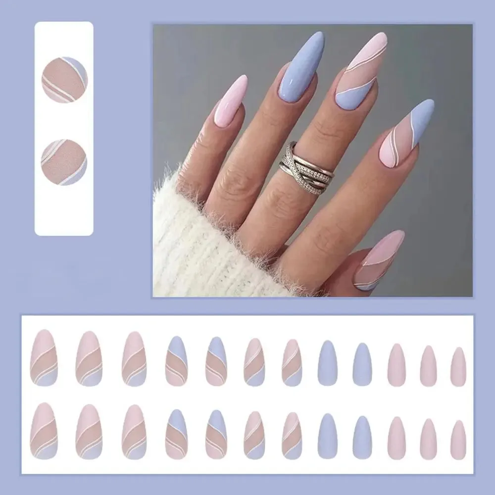 24pcs/Box Ballerina Nail Tip Purple with Design Manicure Patches Fresh Floral Almond False Nails Press on Med Nails Detachable