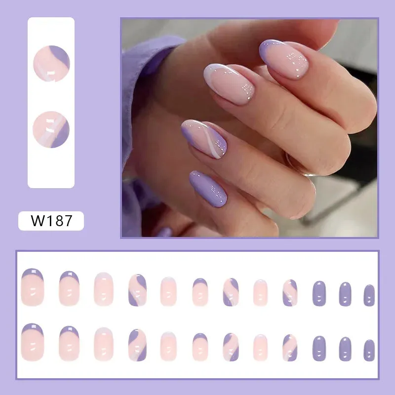 24pcs/Box Ballerina Nail Tip Purple with Design Manicure Patches Fresh Floral Almond False Nails Press on Med Nails Detachable