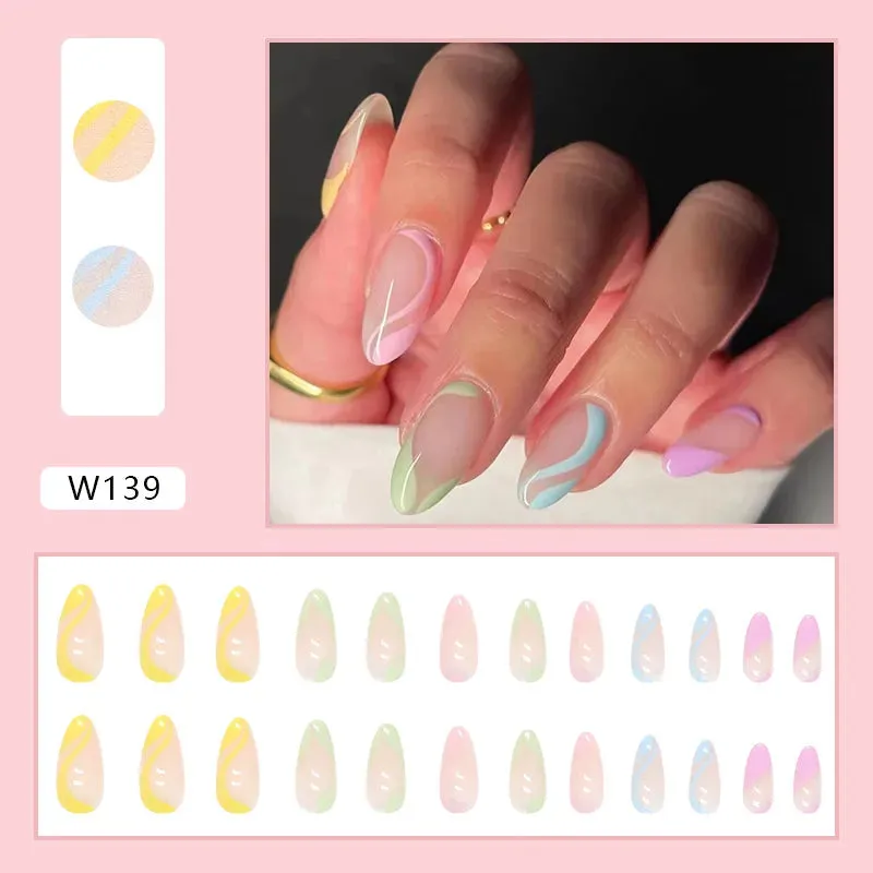 24pcs/Box Ballerina Nail Tip Purple with Design Manicure Patches Fresh Floral Almond False Nails Press on Med Nails Detachable