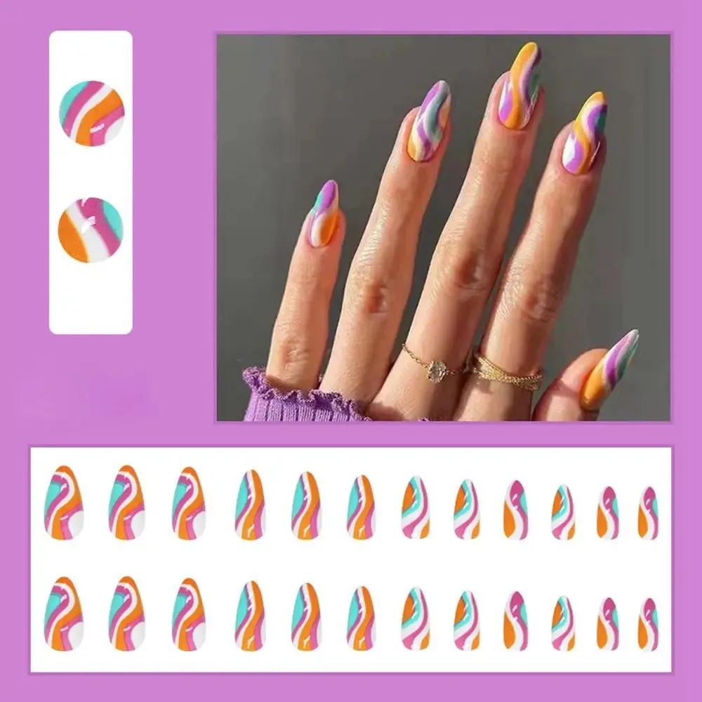 24pcs/Box Ballerina Nail Tip Purple with Design Manicure Patches Fresh Floral Almond False Nails Press on Med Nails Detachable