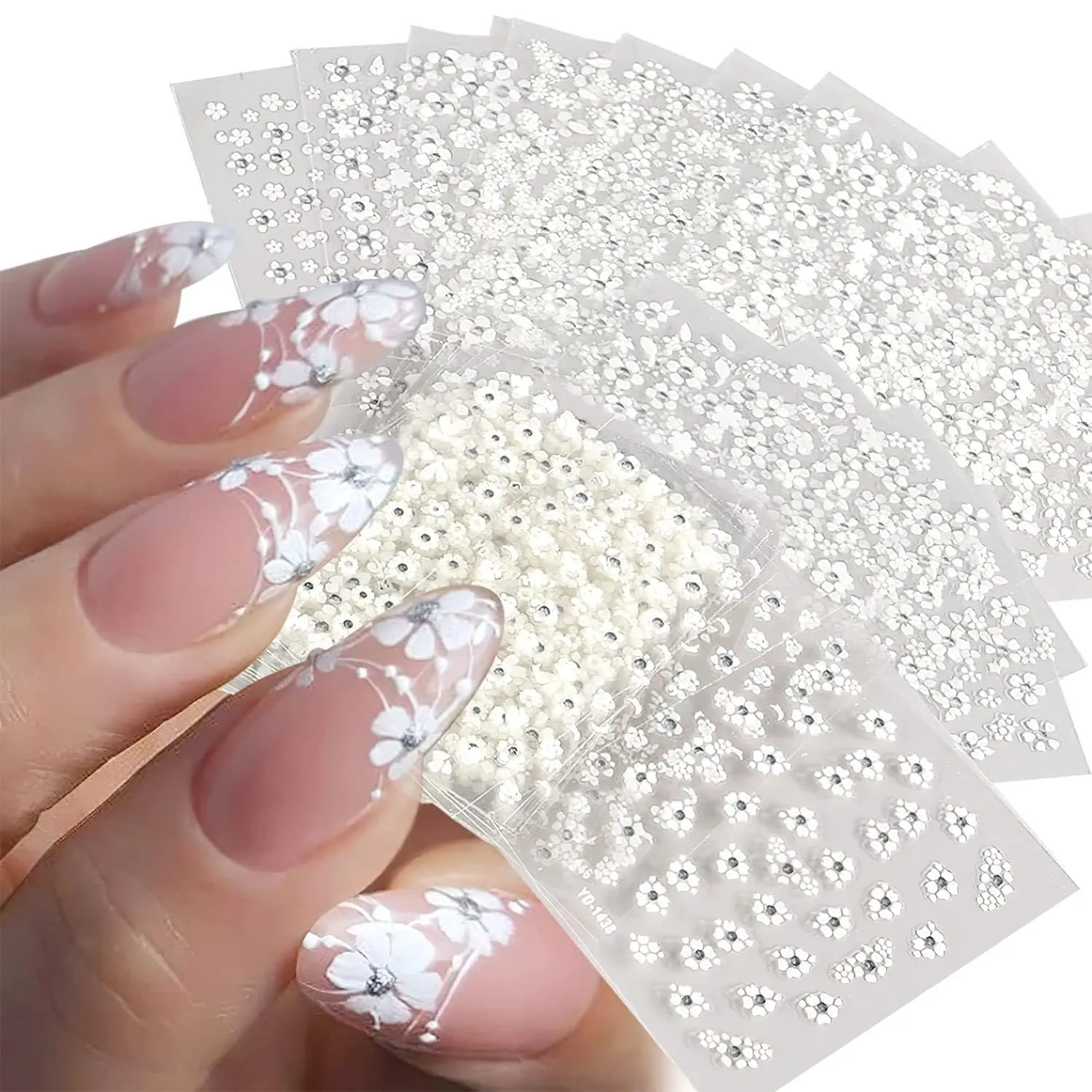 30sheet White Flower Nail Art Stickers 3D Adhesive Flower Nail Decals Flower Nail Stickers Cute Flower Heart Nail Art Designs Flower Nail Art Decorations for Women Nail Supplies