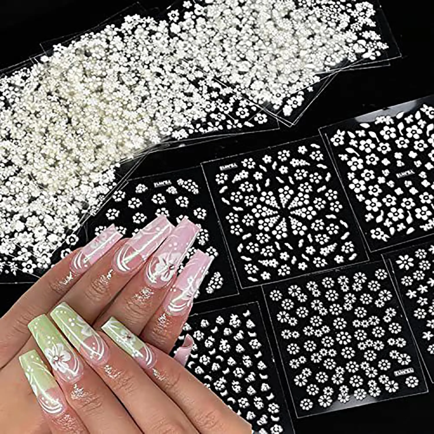 30sheet White Flower Nail Art Stickers 3D Adhesive Flower Nail Decals Flower Nail Stickers Cute Flower Heart Nail Art Designs Flower Nail Art Decorations for Women Nail Supplies