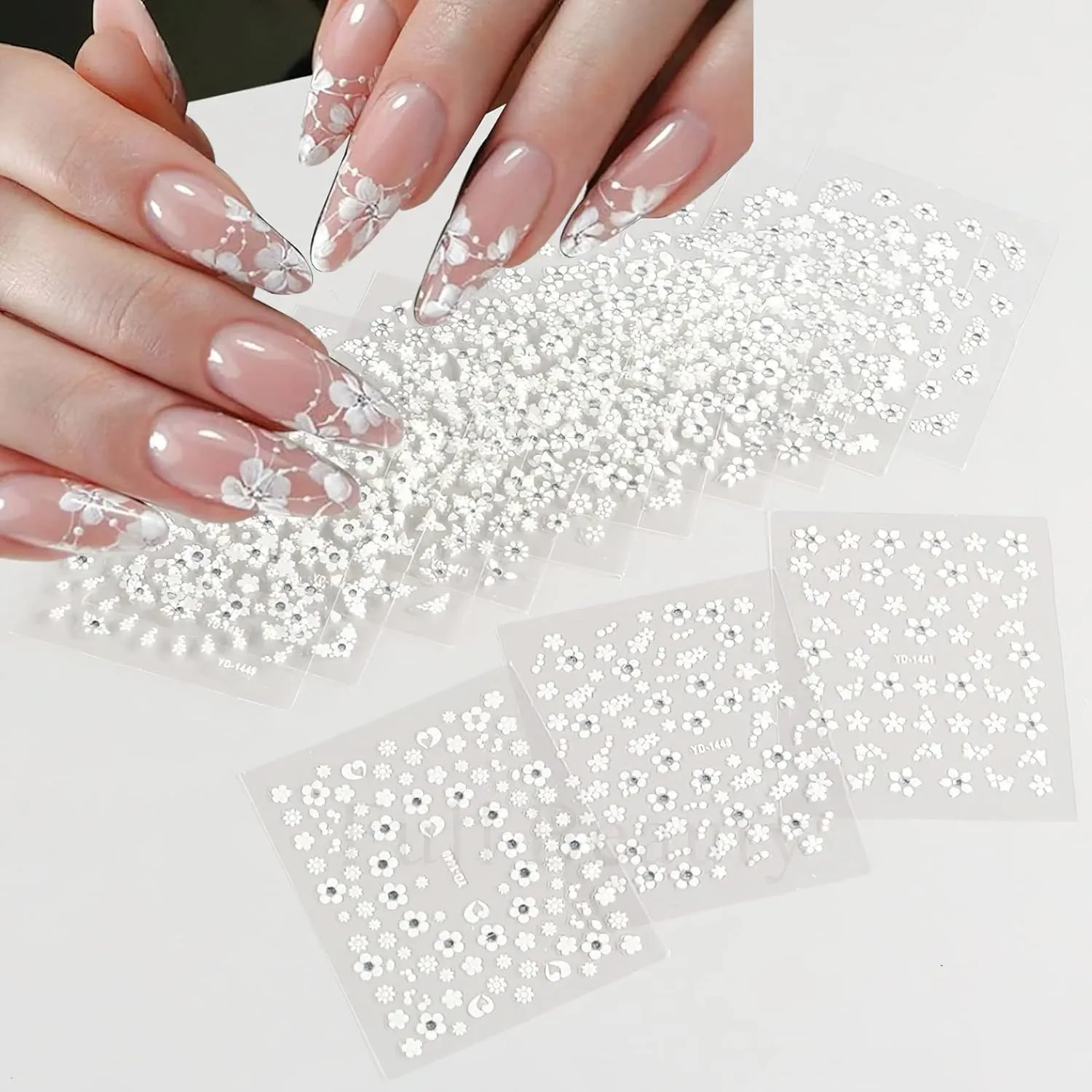 30sheet White Flower Nail Art Stickers 3D Adhesive Flower Nail Decals Flower Nail Stickers Cute Flower Heart Nail Art Designs Flower Nail Art Decorations for Women Nail Supplies