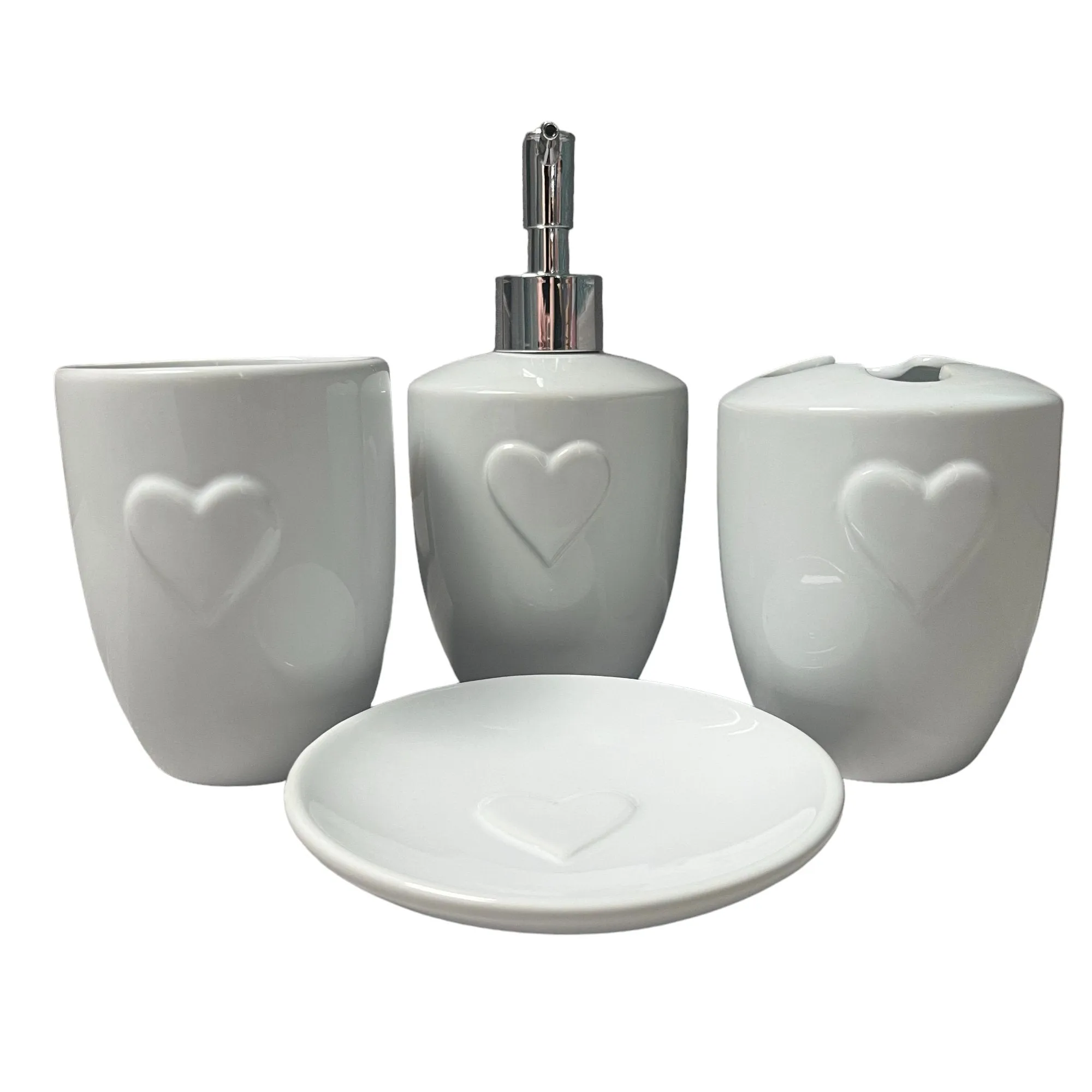 4-Piece White Heart Ceramic Bathroom Collection: Soap Dish, Soap Dispenser Toothbrush Holder, Tumbler