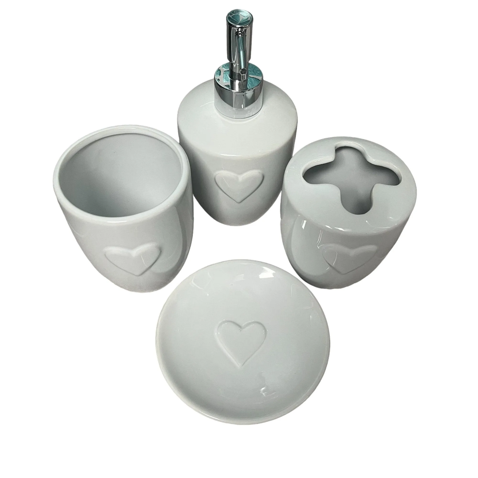 4-Piece White Heart Ceramic Bathroom Collection: Soap Dish, Soap Dispenser Toothbrush Holder, Tumbler