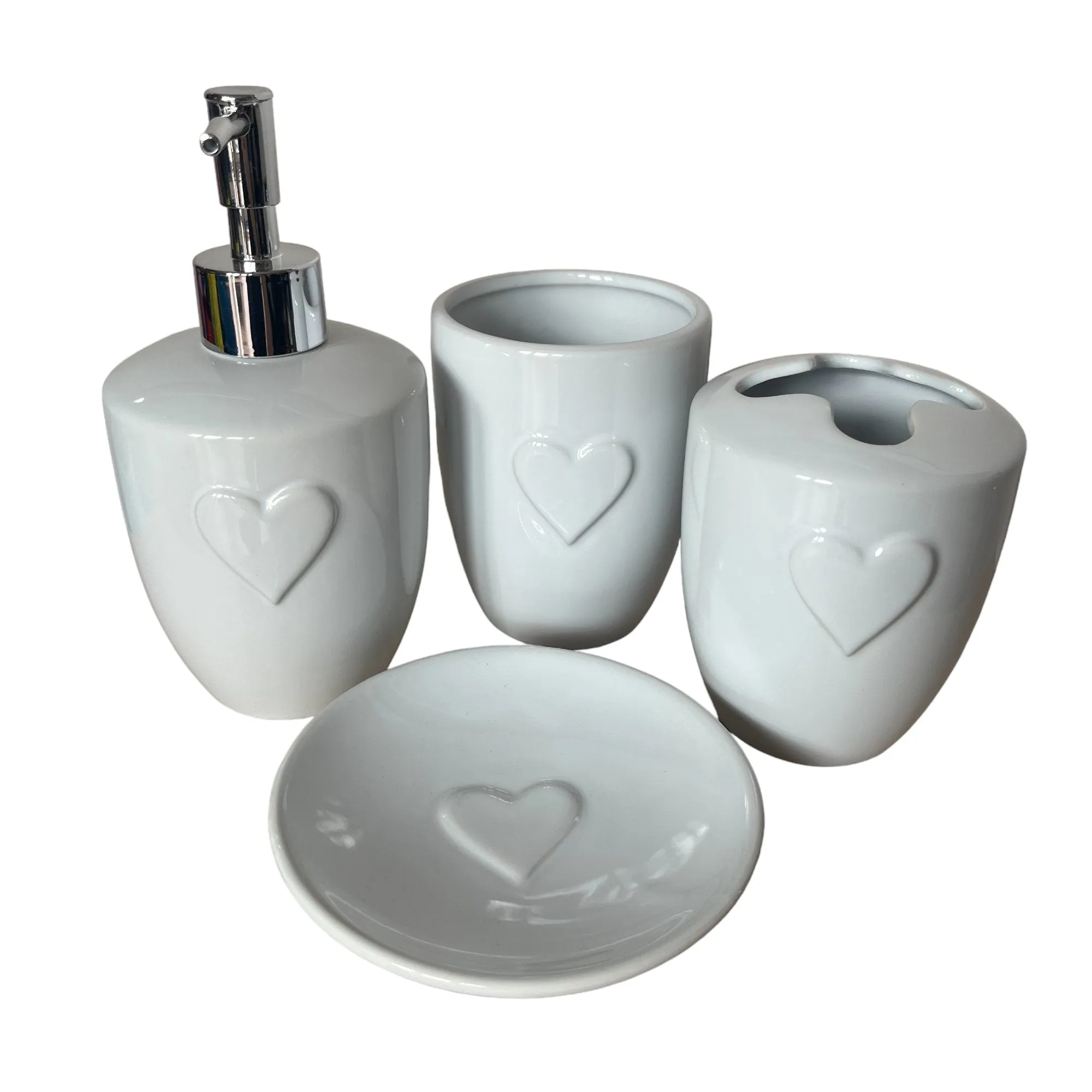 4-Piece White Heart Ceramic Bathroom Collection: Soap Dish, Soap Dispenser Toothbrush Holder, Tumbler