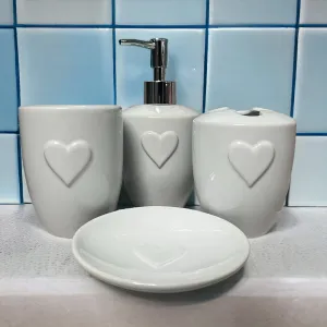 4-Piece White Heart Ceramic Bathroom Collection: Soap Dish, Soap Dispenser Toothbrush Holder, Tumbler