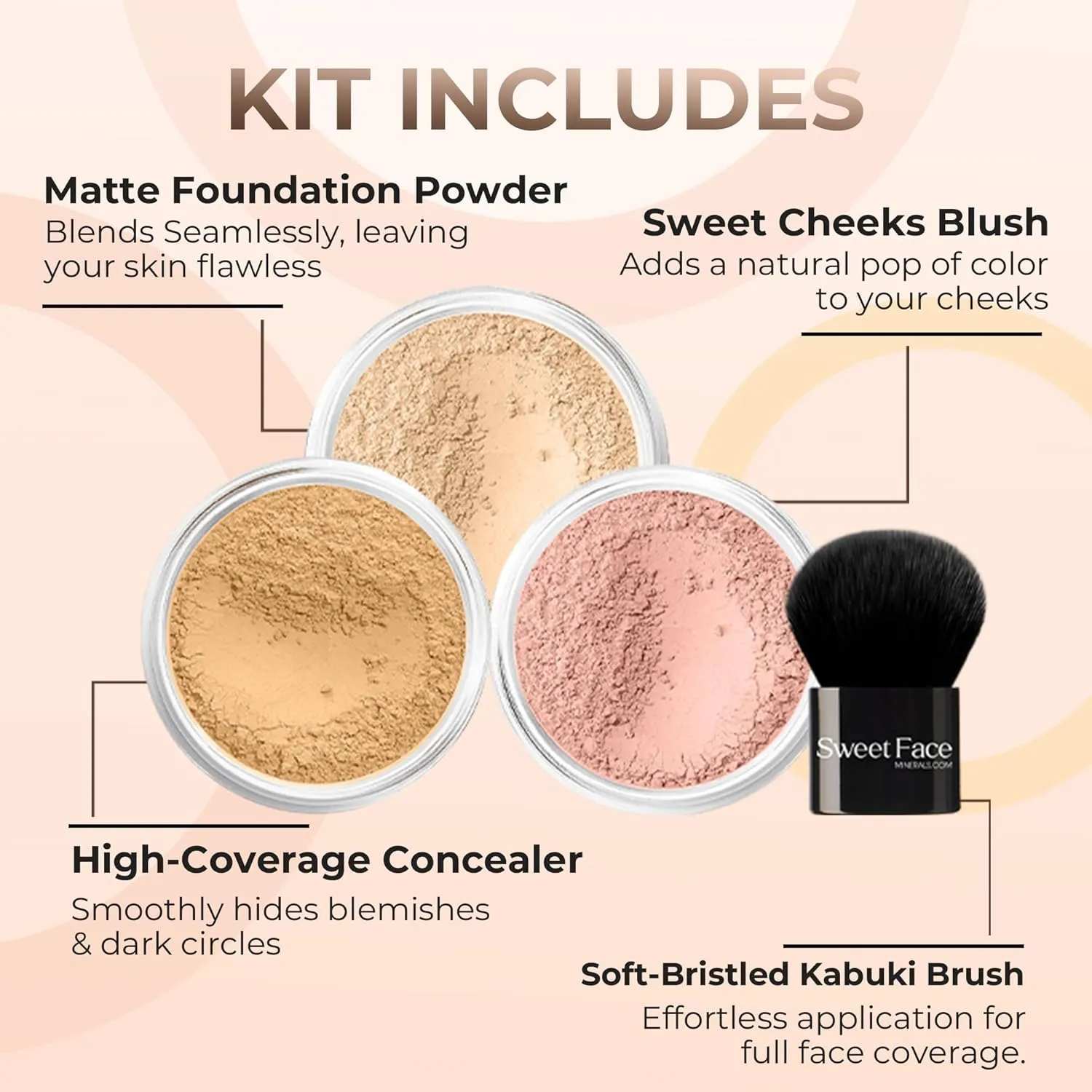 4pc (WARM Neutral Shade-Most Popular) KIT w/KABUKI BRUSH Mineral Makeup Matte Loose Powder Foundation Concealer Blush Long Lasting Bare Face Cosmetics