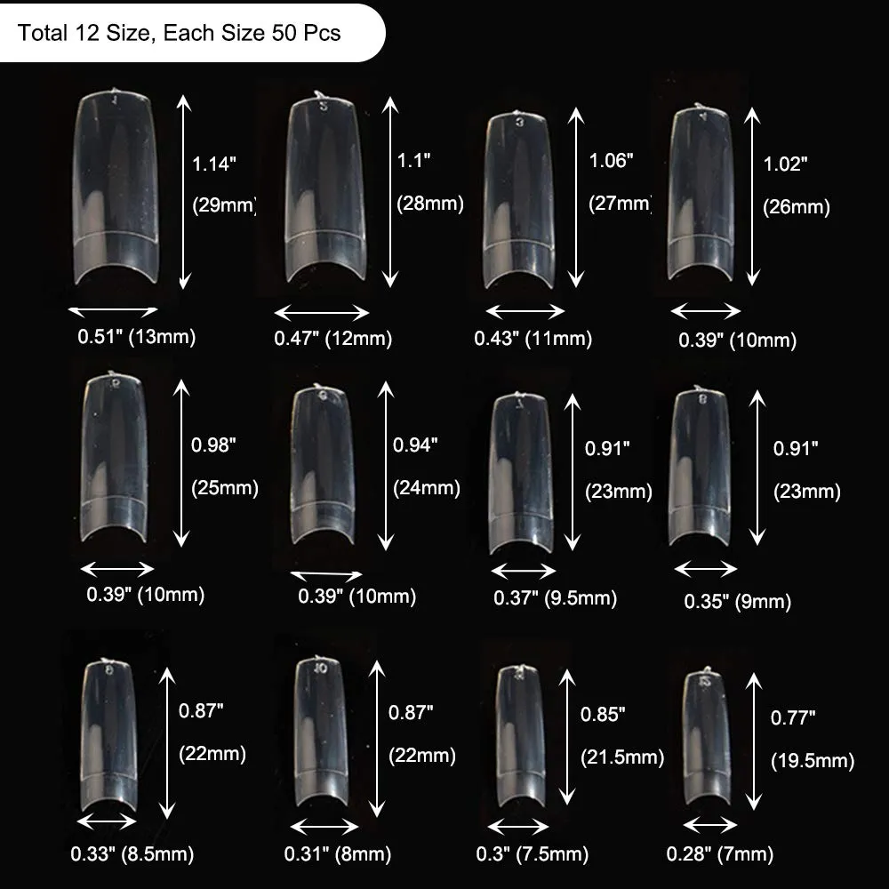 600 Clear Nail Tips Coffin French Fake Nails Tips 12 Sizes Lady Acrylic Artificial False Nails for Nail Salon Nail Shop