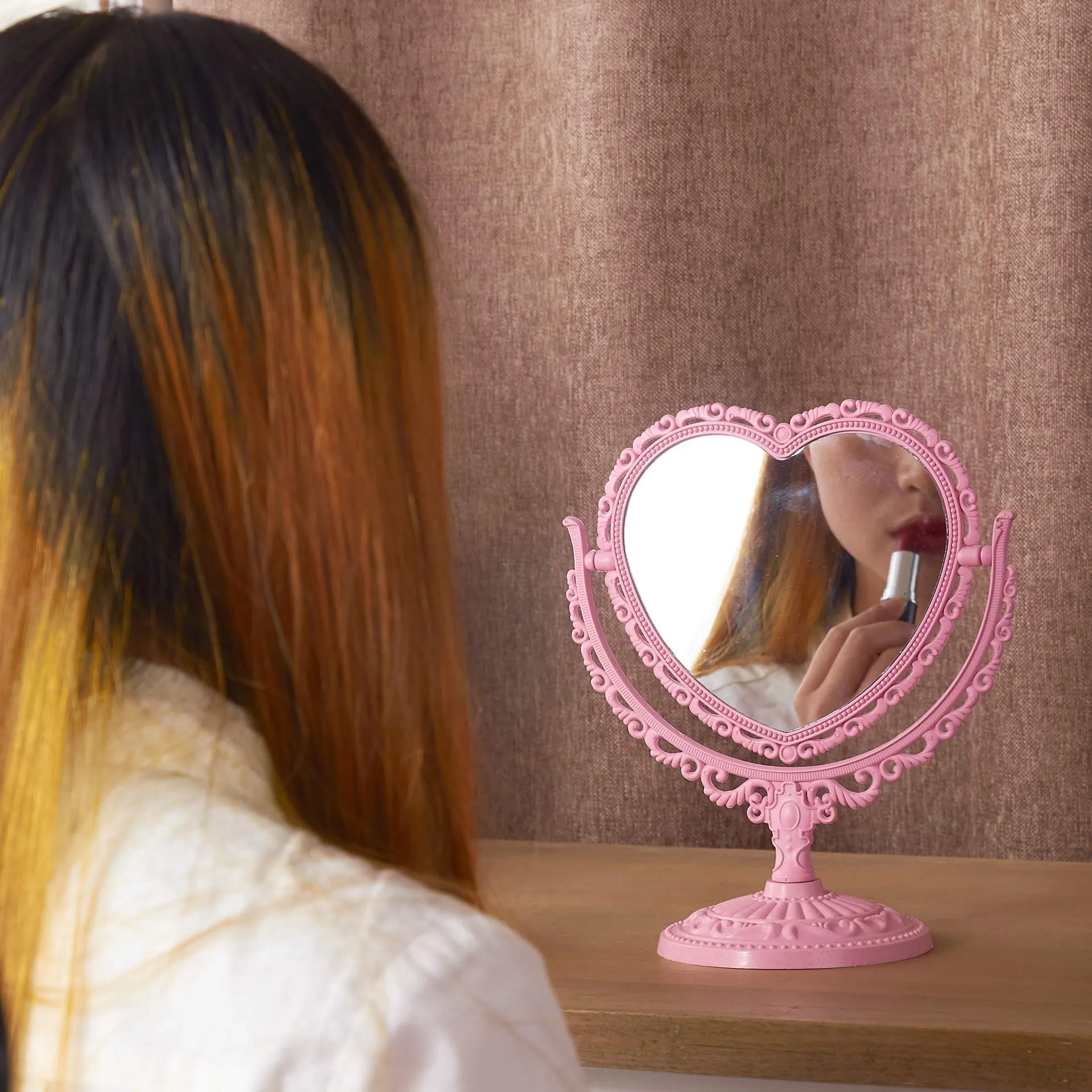 7-Inch 3X Tabletop Vanity Mirror | Double Sided Magnifying Makeup Mirror with 360 Degree Rotation | Bathroom Bedroom Vanity Mirror (Pink, Heart-Shaped) Pink