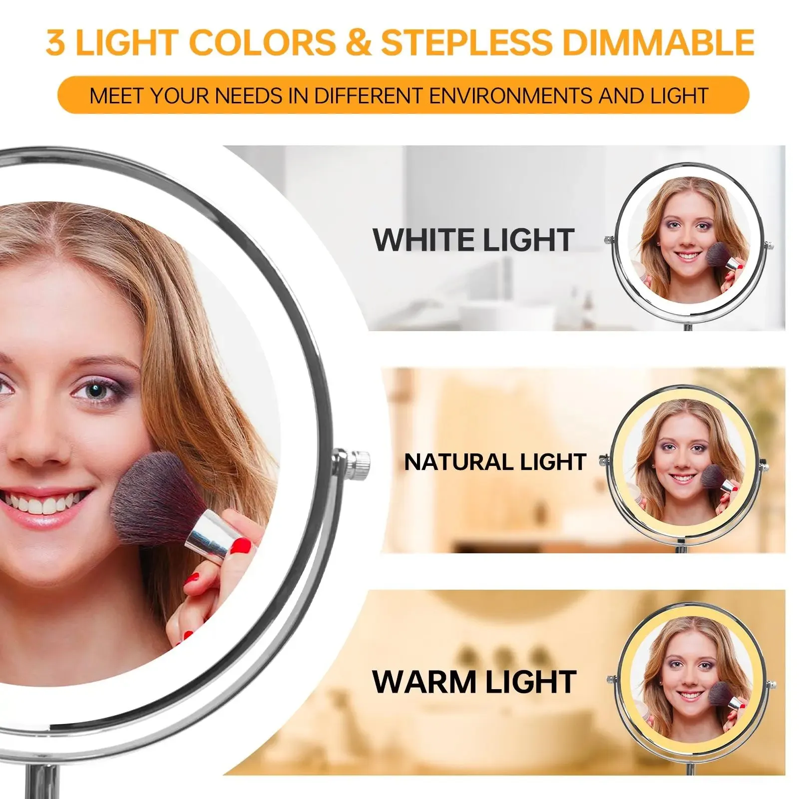 8-inch Makeup Mirror with Lights, Double Sided 1X/10X Magnifying Mirror, 3 Color Lighting Dimmable Vanity Mirror with 360° Swivel , Built-In Battery Operated