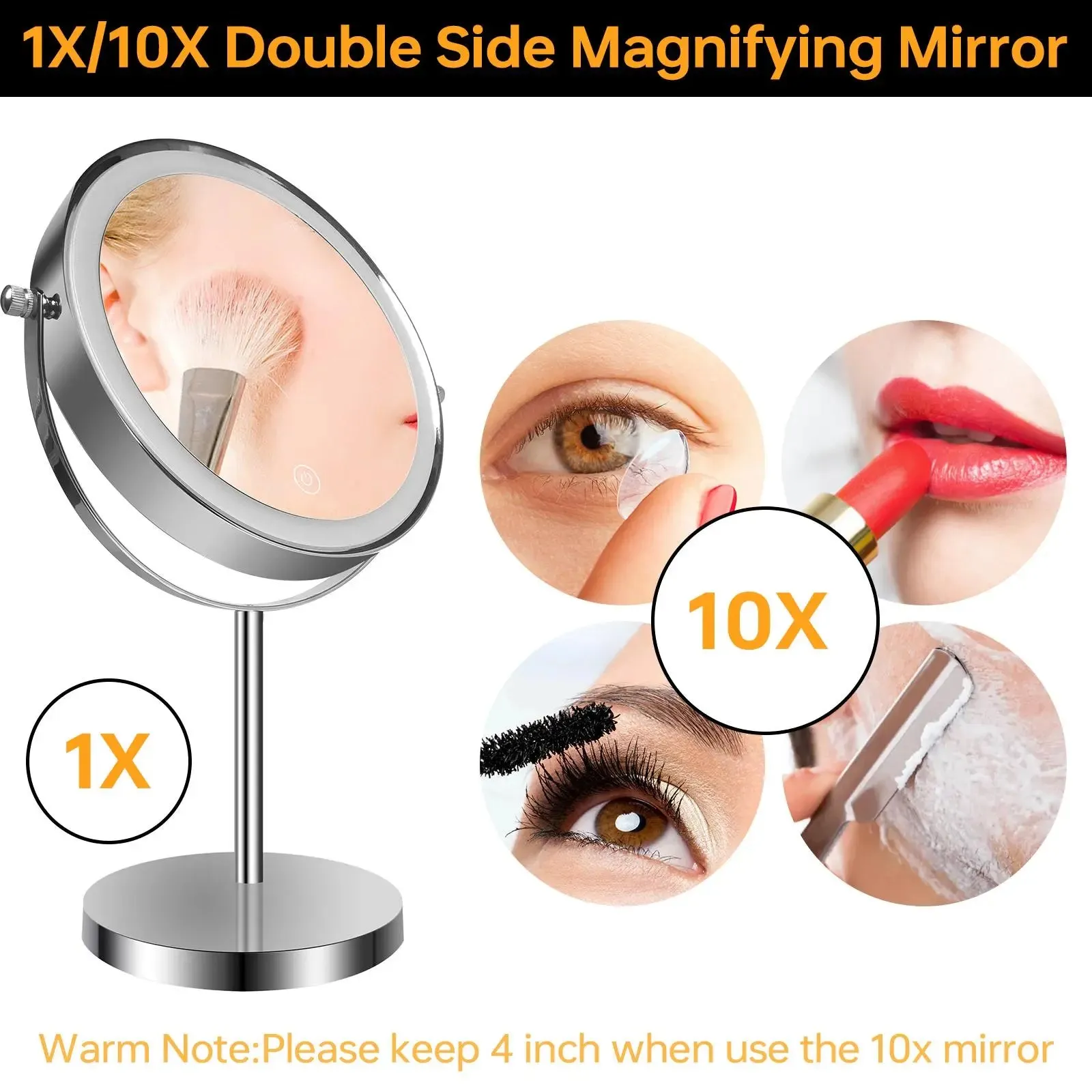 8-inch Makeup Mirror with Lights, Double Sided 1X/10X Magnifying Mirror, 3 Color Lighting Dimmable Vanity Mirror with 360° Swivel , Built-In Battery Operated