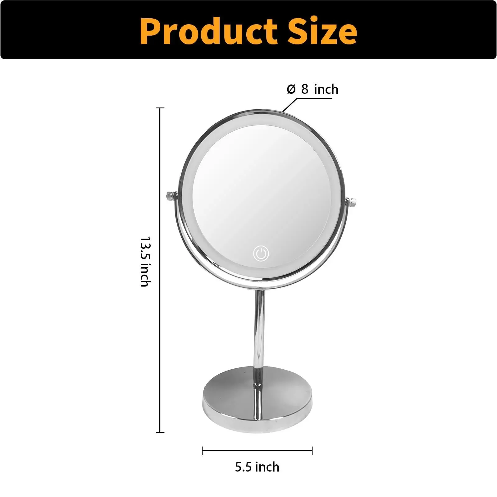 8-inch Makeup Mirror with Lights, Double Sided 1X/10X Magnifying Mirror, 3 Color Lighting Dimmable Vanity Mirror with 360° Swivel , Built-In Battery Operated