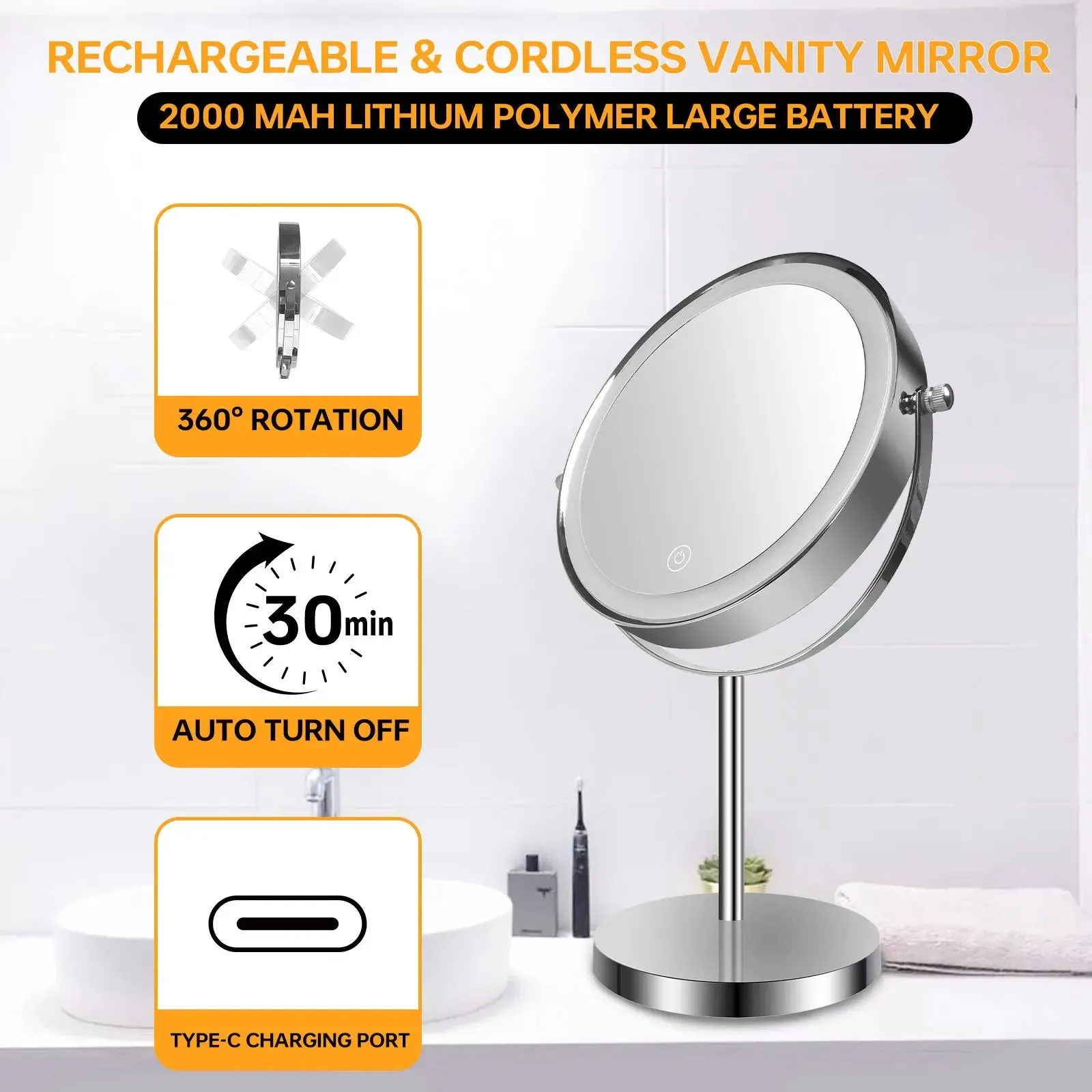 8-inch Makeup Mirror with Lights, Double Sided 1X/10X Magnifying Mirror, 3 Color Lighting Dimmable Vanity Mirror with 360° Swivel , Built-In Battery Operated