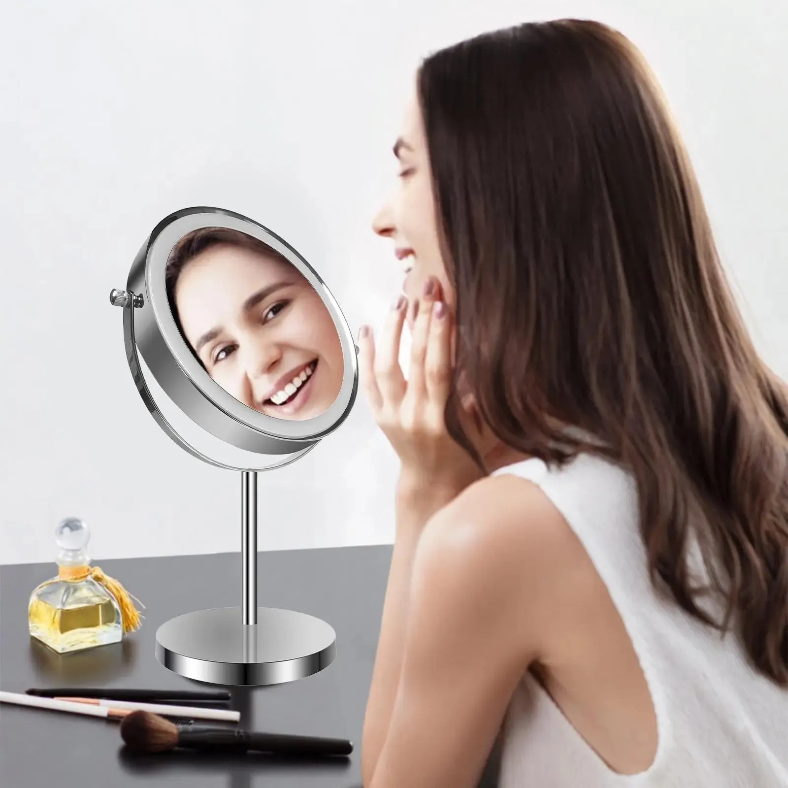 8-inch Makeup Mirror with Lights, Double Sided 1X/10X Magnifying Mirror, 3 Color Lighting Dimmable Vanity Mirror with 360° Swivel , Built-In Battery Operated