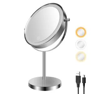 8-inch Makeup Mirror with Lights, Double Sided 1X/10X Magnifying Mirror, 3 Color Lighting Dimmable Vanity Mirror with 360° Swivel , Built-In Battery Operated