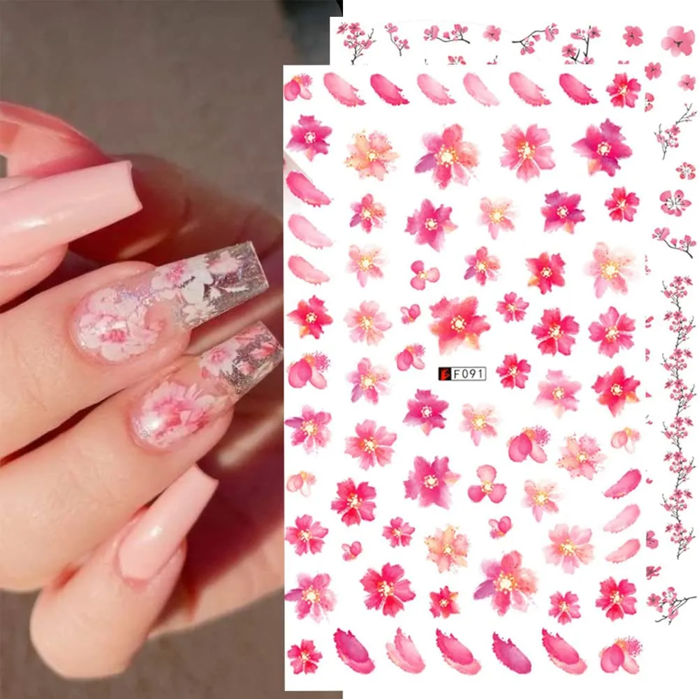 8 Sheets Flower Nail Stickers Floral Nail Decals for Nail Art,Designer Nail Art Supplies Pink Cherry Blossom Flowers Leaf Spring Nail Decal for Women Acrylic Nails DIY Nail Art Decoration