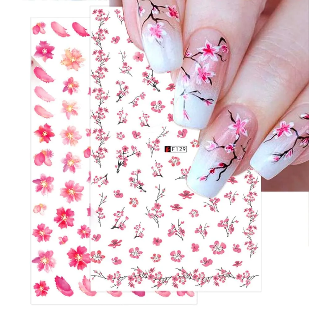 8 Sheets Flower Nail Stickers Floral Nail Decals for Nail Art,Designer Nail Art Supplies Pink Cherry Blossom Flowers Leaf Spring Nail Decal for Women Acrylic Nails DIY Nail Art Decoration