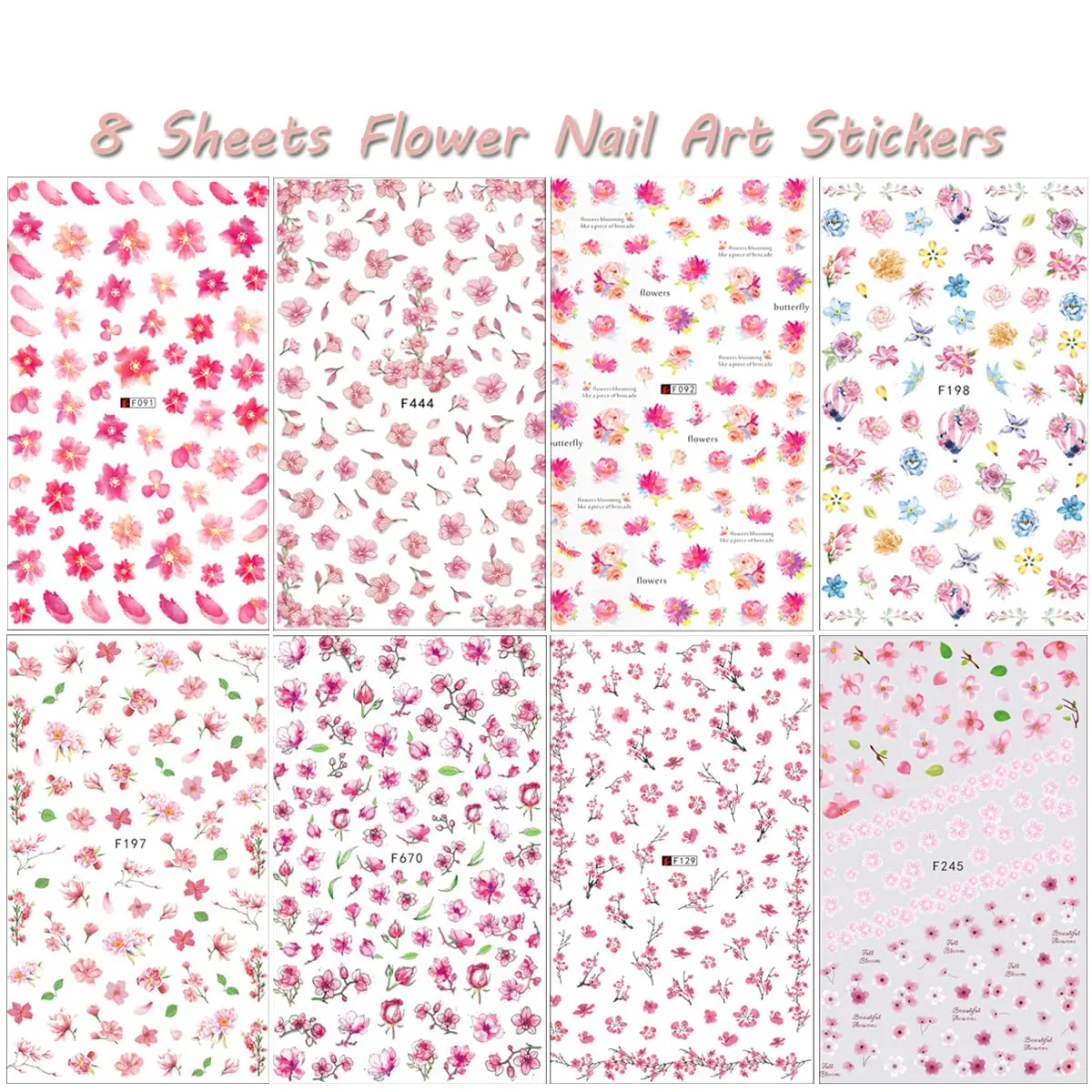 8 Sheets Flower Nail Stickers Floral Nail Decals for Nail Art,Designer Nail Art Supplies Pink Cherry Blossom Flowers Leaf Spring Nail Decal for Women Acrylic Nails DIY Nail Art Decoration