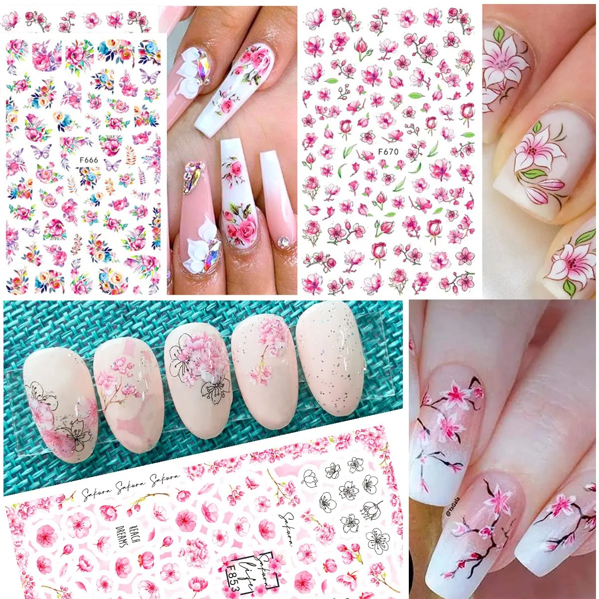 8 Sheets Flower Nail Stickers Floral Nail Decals for Nail Art,Designer Nail Art Supplies Pink Cherry Blossom Flowers Leaf Spring Nail Decal for Women Acrylic Nails DIY Nail Art Decoration