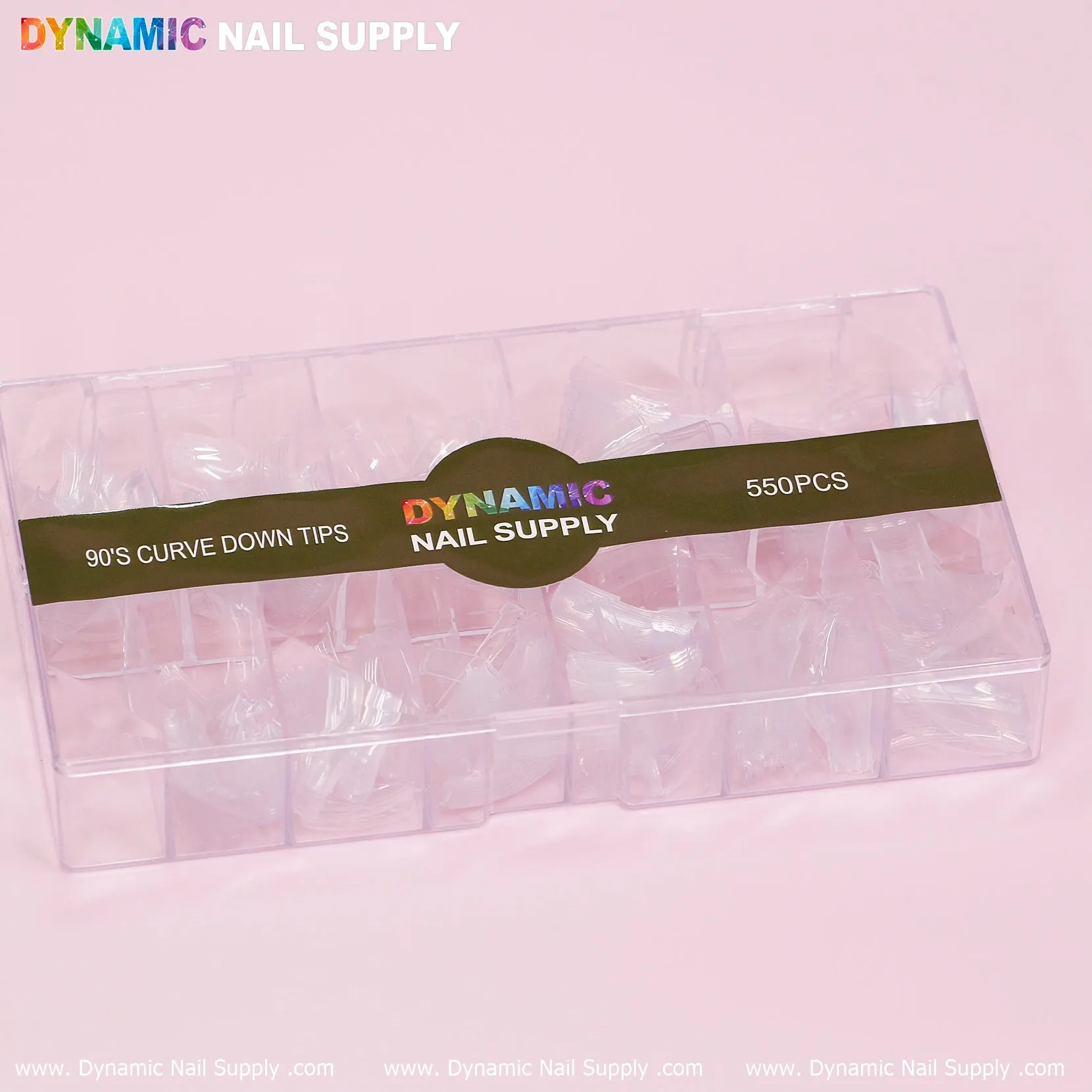 90'S Curve Down Tips - Square - 10 sizes - 550 tips - Clear