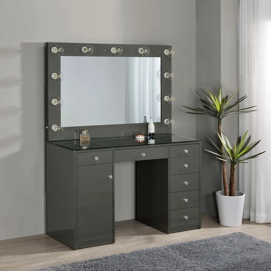 Acena 7-drawer Vanity Set with Lighting - Grey High Gloss