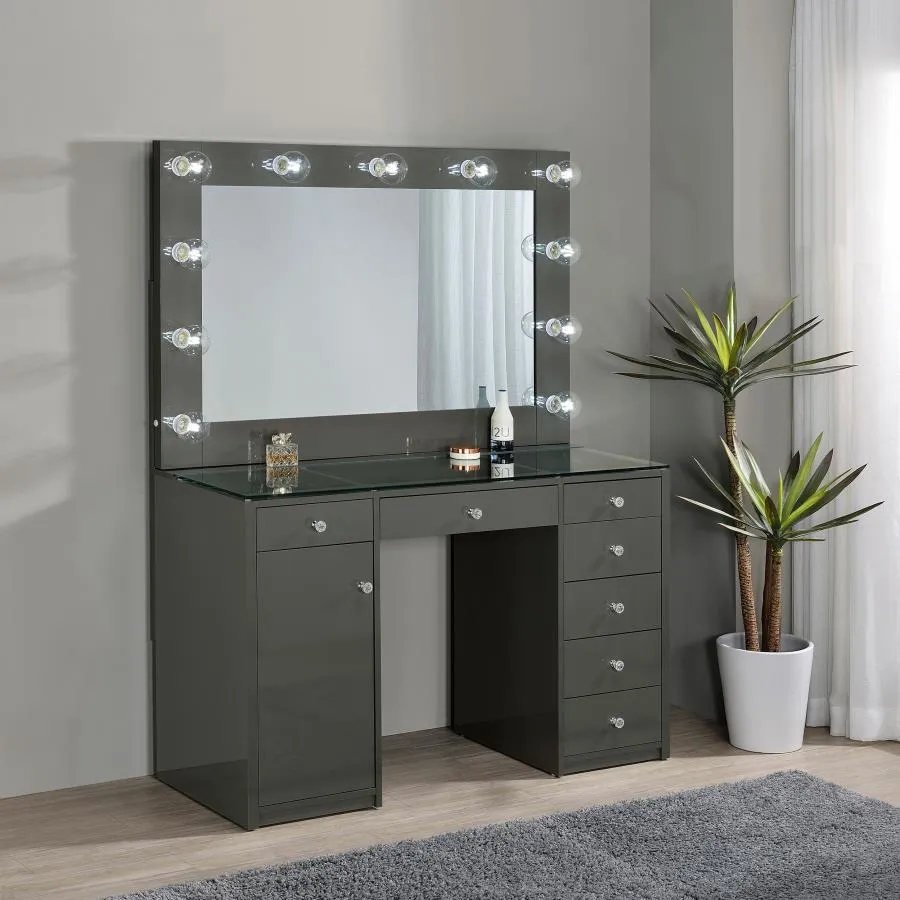 Acena 7-drawer Vanity Set with Lighting - Grey High Gloss