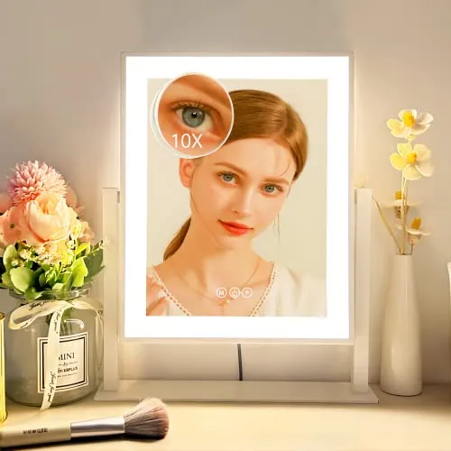 Acoolda Vanity Mirror with Lights, Hollywood Lighted Makeup Mirror with 3 Color Lighting Modes, Detachable 10X Magnification, 360°Rotation, 14.4Inches, White…