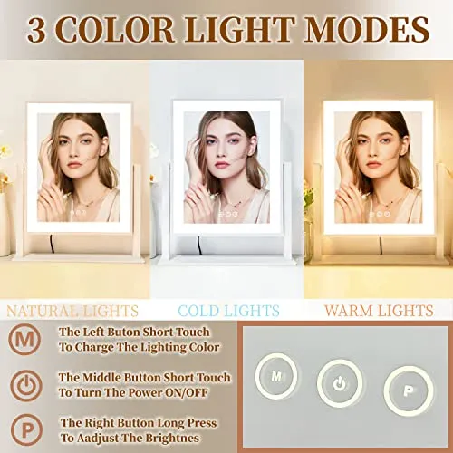 Acoolda Vanity Mirror with Lights, Hollywood Lighted Makeup Mirror with 3 Color Lighting Modes, Detachable 10X Magnification, 360°Rotation, 14.4Inches, White…