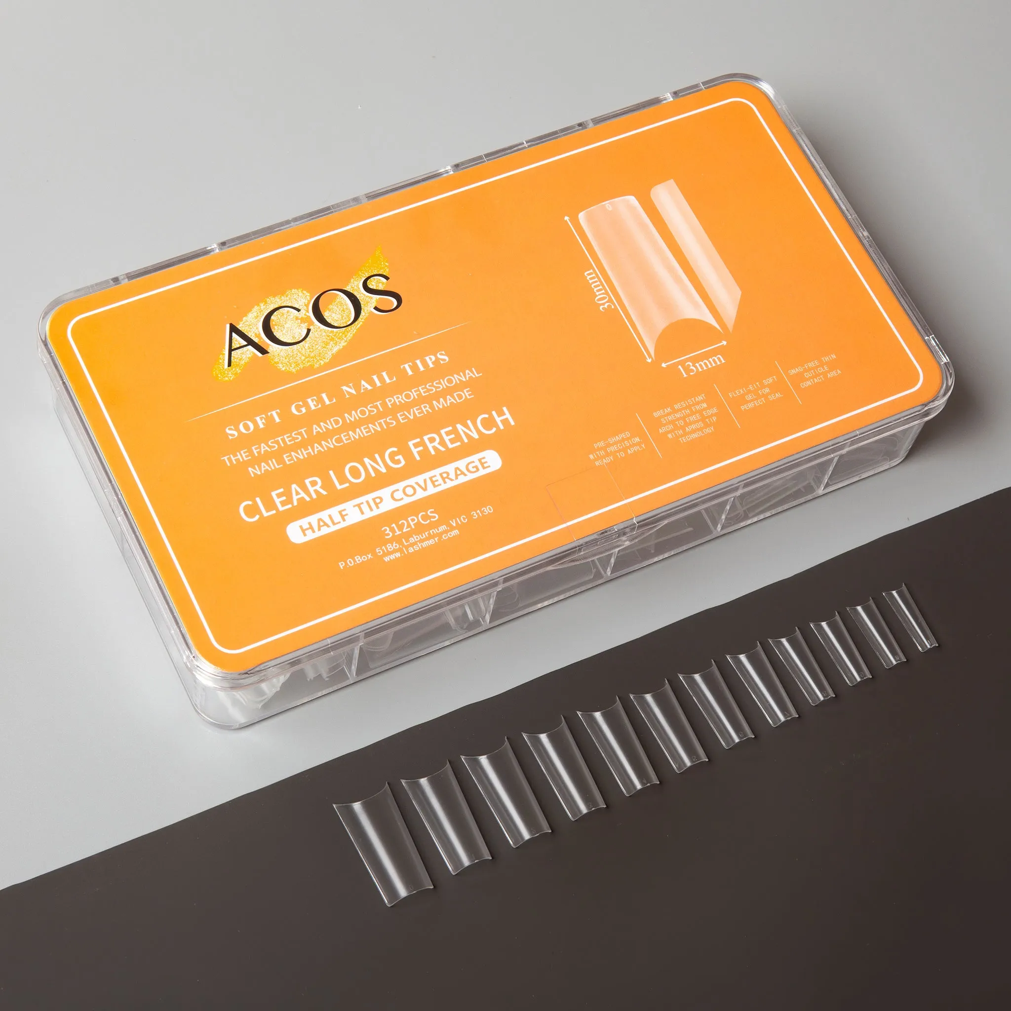 ACOS Soft Gel Nail Tips (Clear Half Cover) - Long French (312pcs/box)