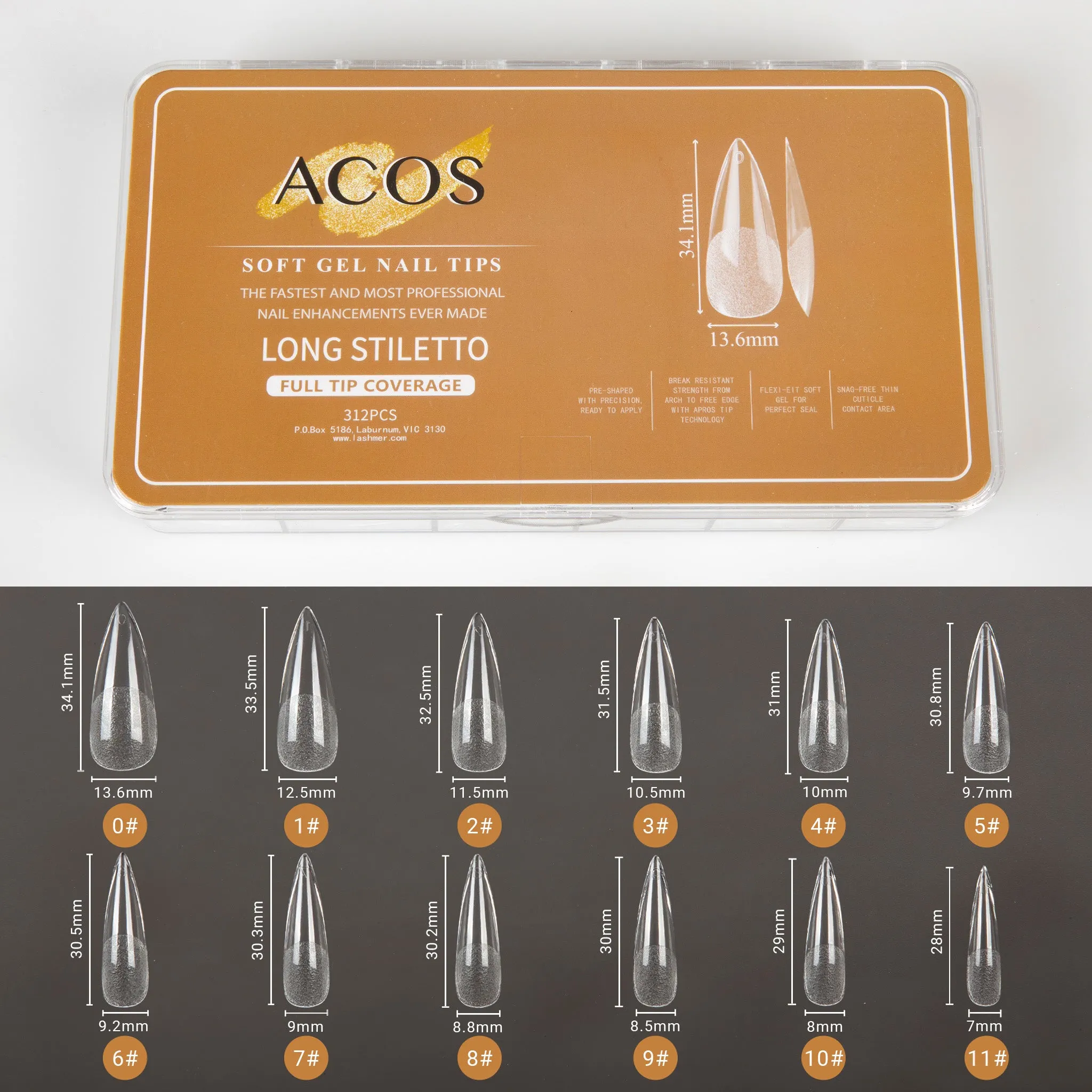 ACOS Soft Gel Nail Tips (Full Tip Coverage) - STILETTO Shape (312pcs/box)